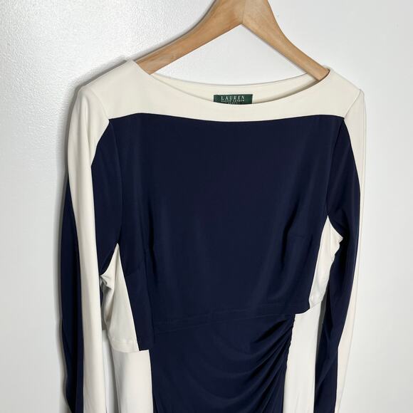 Lauren Ralph Lauren Womens Sheath Dress 14P Navy Cream Color Block Layered - Picture 4 of 15